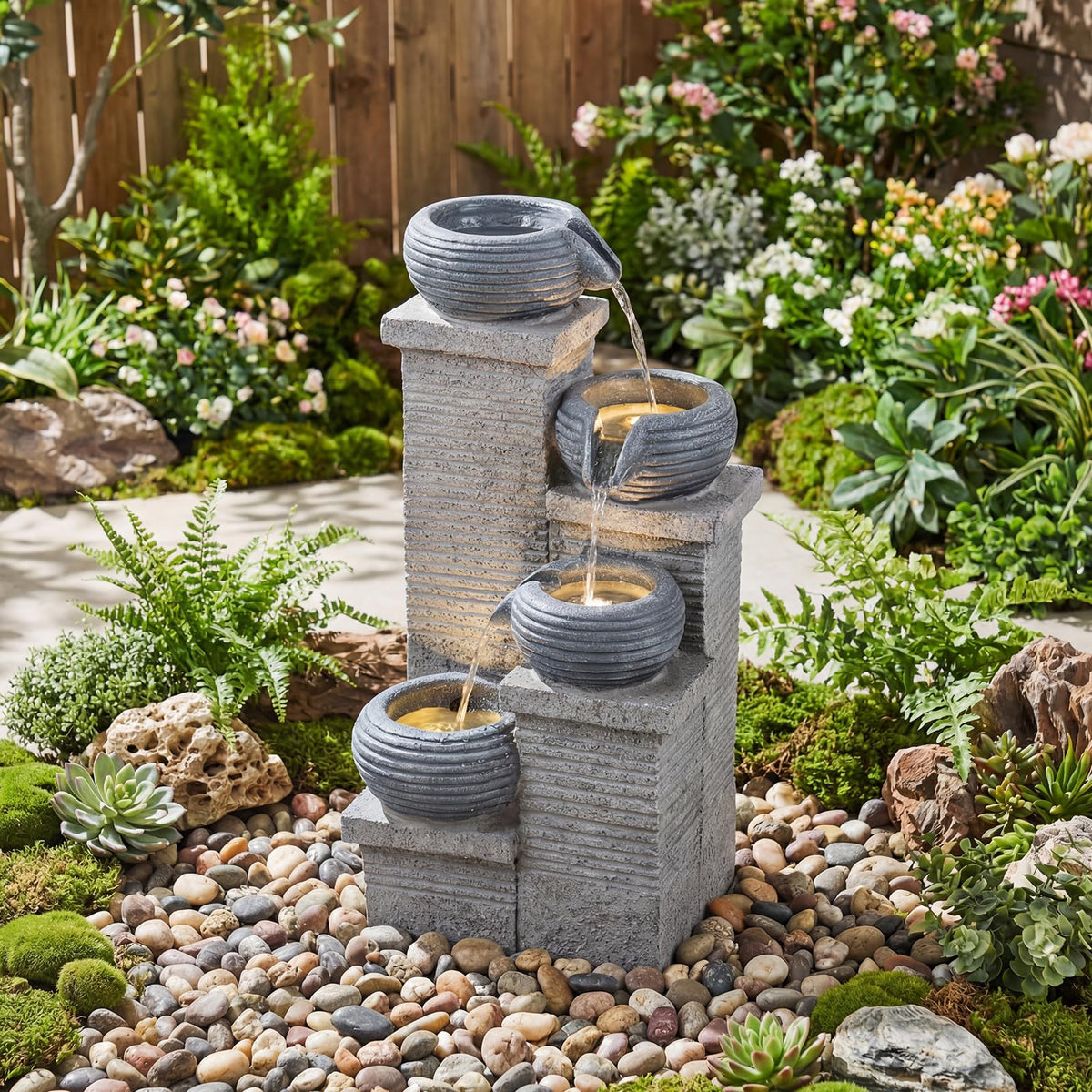 Lucktree 4-Tier Water Fountain Outdoor with Warm LED Lights & Pump