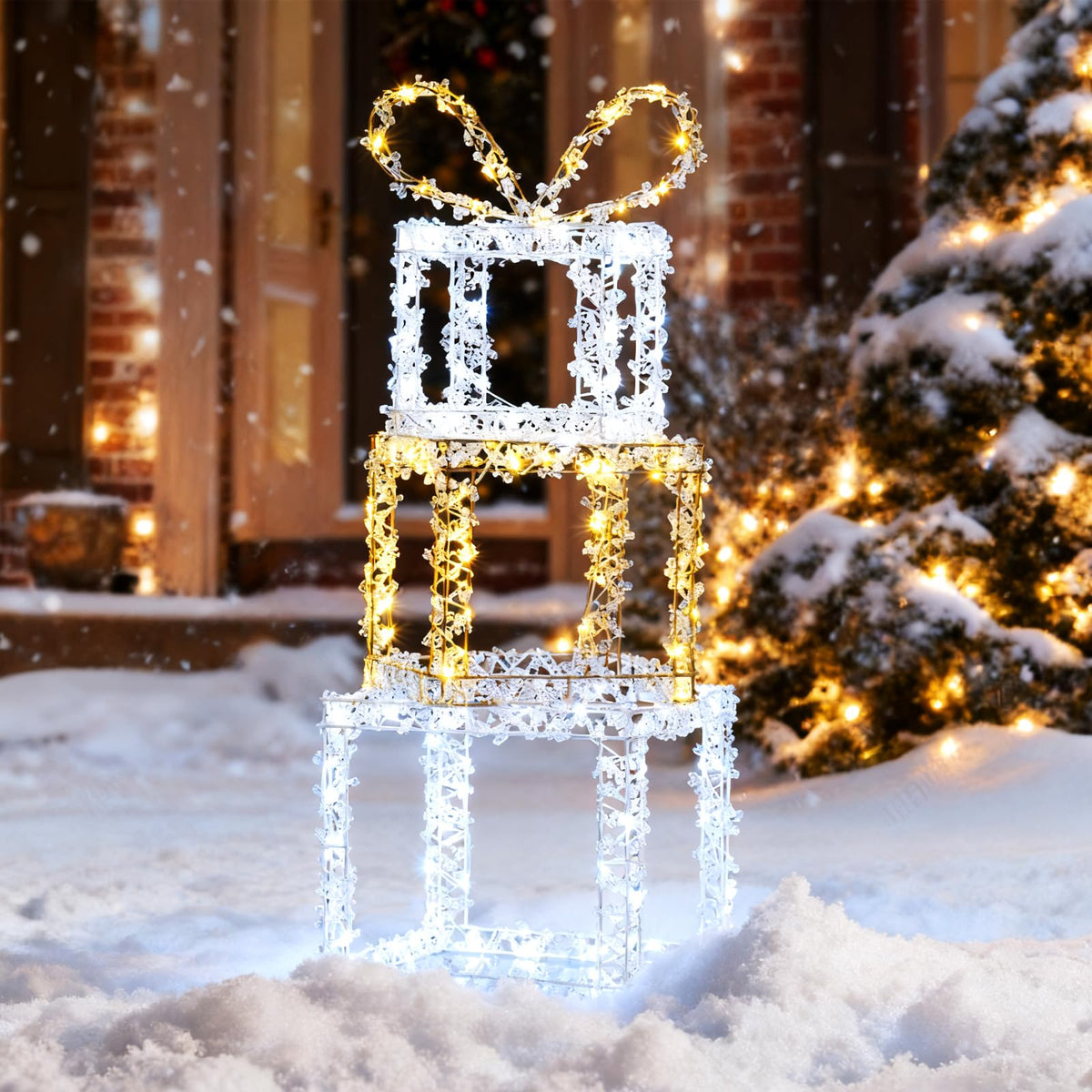 Lucktree Stacked Lighted Gift Boxes Set of 3 Pre-Lit Christmas Present Box Lights