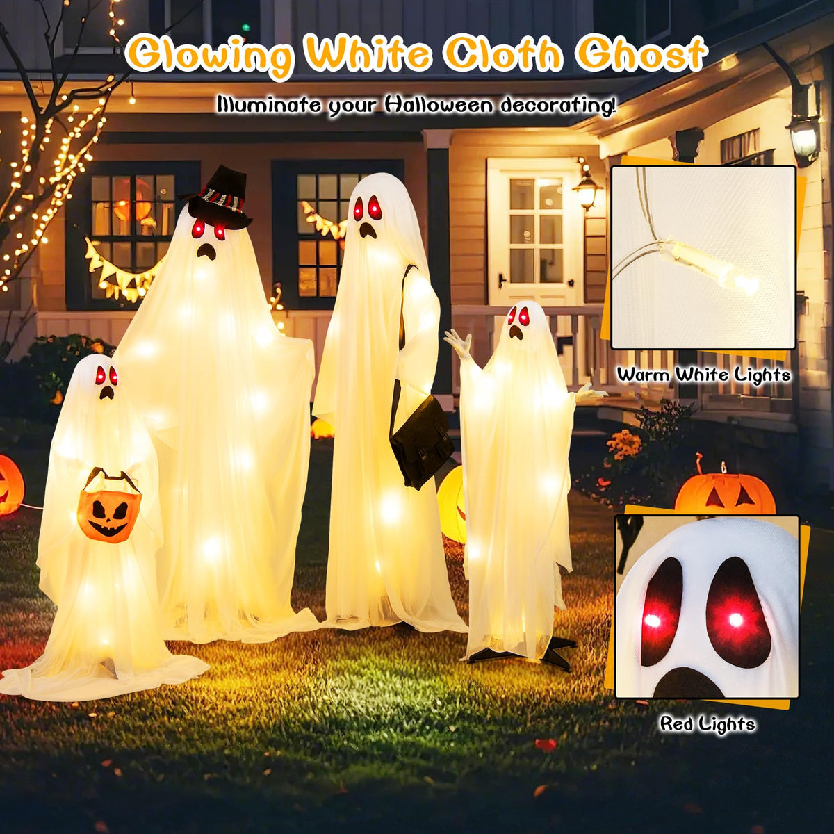 Lucktree Halloween Light Up Family Ghosts, 4 PCS LED Glowing Halloween Ghosts