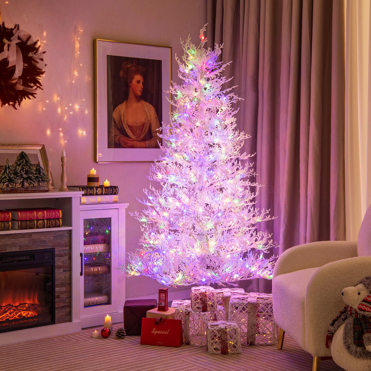 Lucktree 6ft Pre-Lit Artificial Christmas Tree with 300 Multi-Color & Warm-White Fairy LED Lights