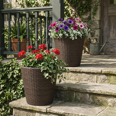 Lucktree Set of 2 Plastic Planters | 15 Inch & 11.5 Inch Taper Rattan Planters with Drainage Holes