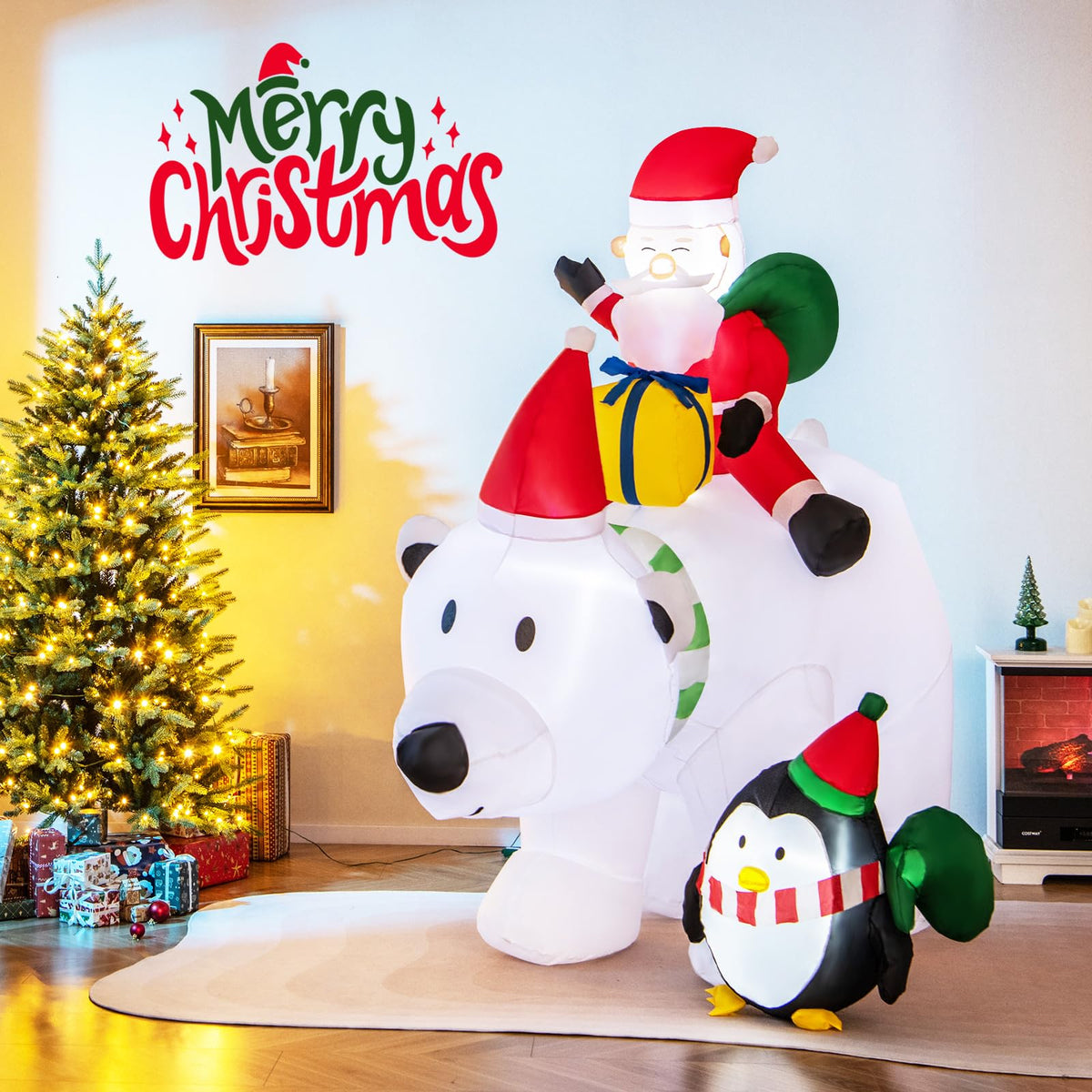 Lucktree 7FT Christmas Inflatables, LED Lighted Xmas Inflatable Polar Bear with Shaking Head, Santa & Penguin