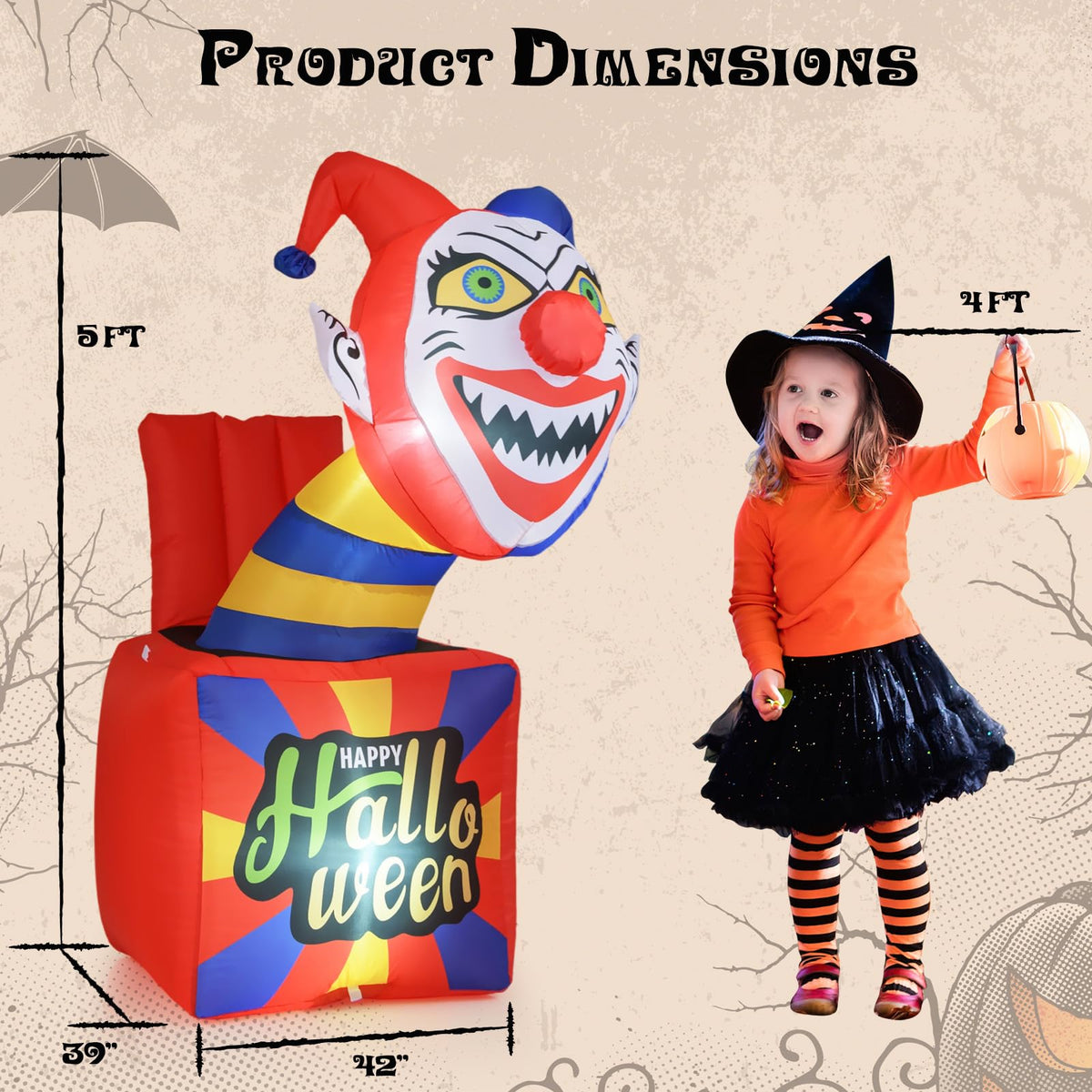 Lucktree 5 Ft Halloween Inflatable Clown, Blow up Circus Clown Box