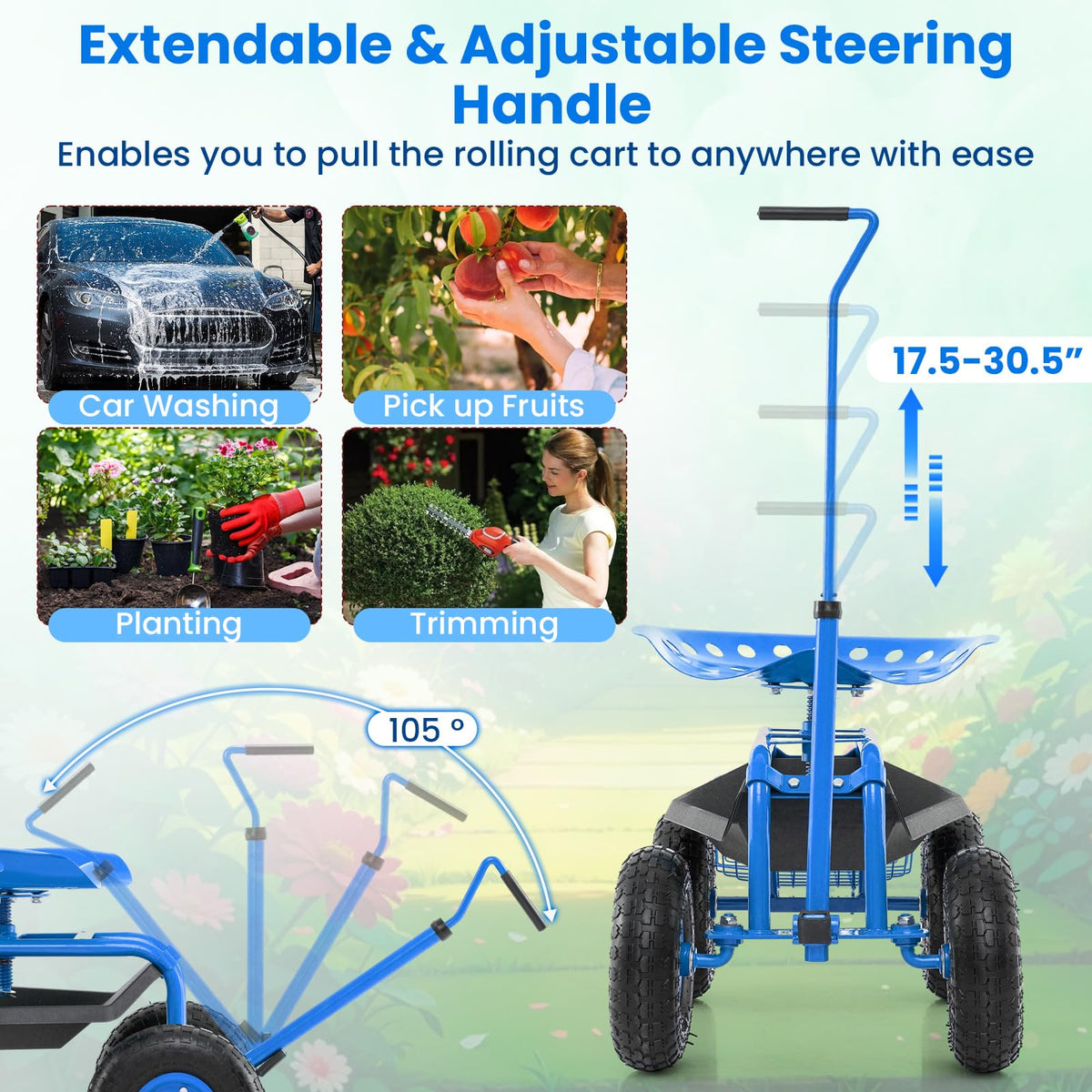 Lucktree Garden Cart, 4-Wheel Gardening Workseat with Storage Basket