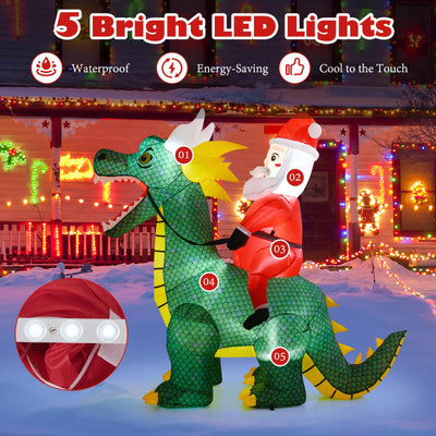 Lucktree 6.7 FT Inflatable Christmas Santa Claus Riding Dinosaur Decoration with Lights Stakes
