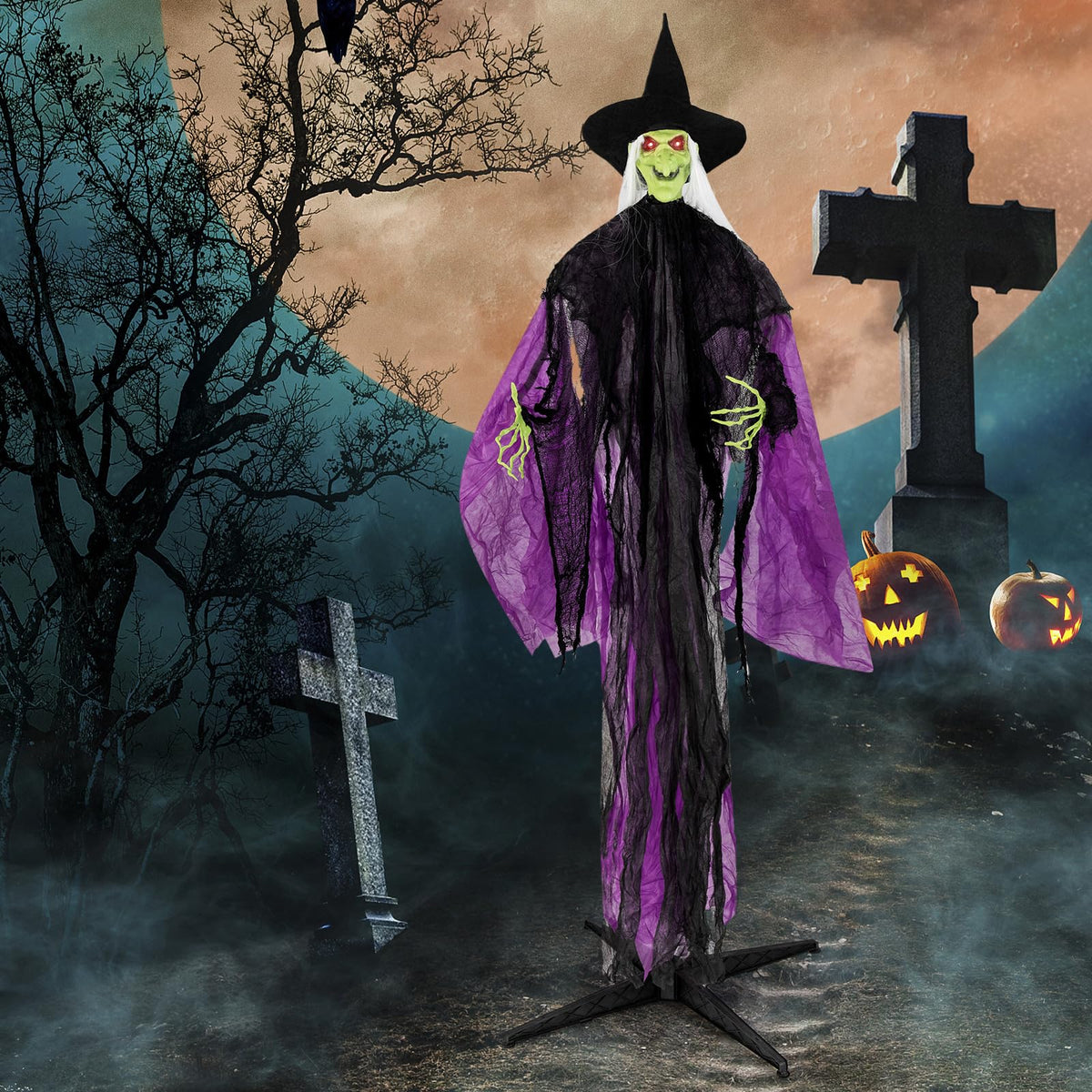 Lucktree 7.2 FT Halloween Animatronic Witch, Animated Standing Poseable Figure with Light up Eyes