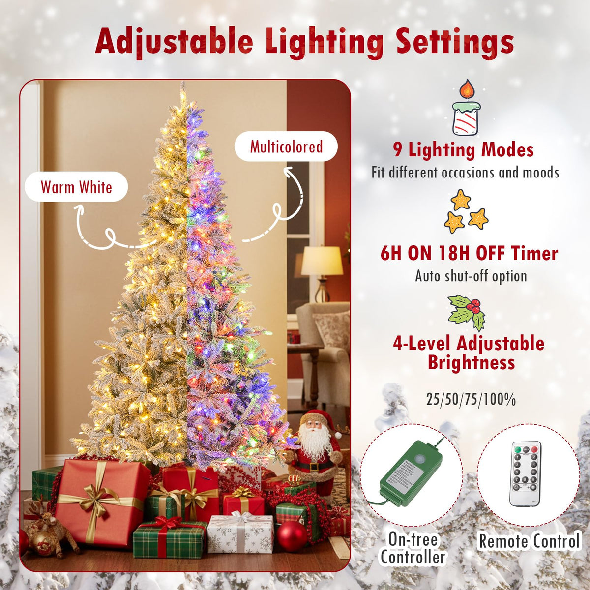 Lucktree 7 FT Half Snow Flocked Christmas Tree with 240 Warm White & Multicolored LED Lights