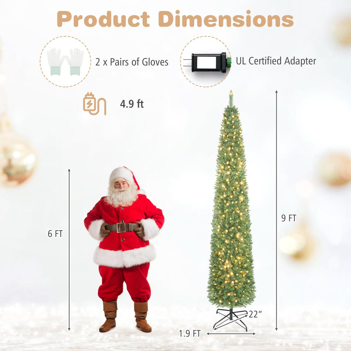 5ft/6ft/7ft/8ft/9ft/ Pre-Lit Pencil Christmas Tree, Slim Artificial Xmas Tree
