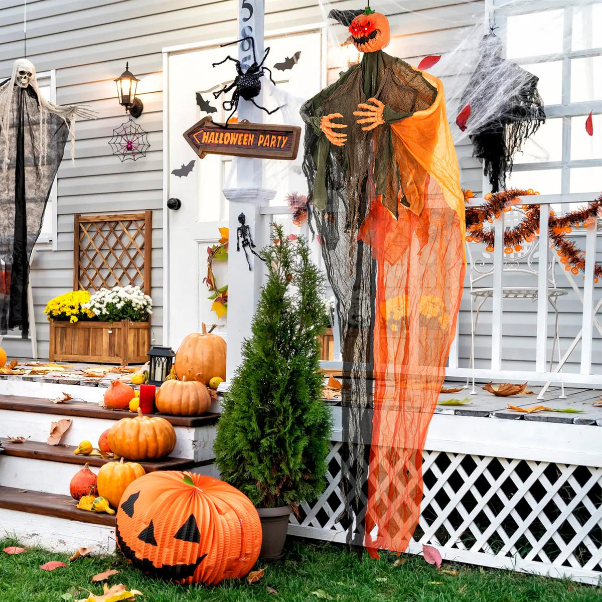 Lucktree 6 Ft Hanging Halloween Decoration, Ghost Pumpkin Man with Red LED Eyes & Posable Arms
