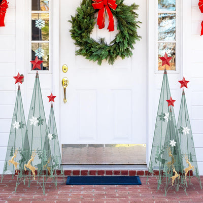 Lucktree Set of 3 Tower Shaped Christmas Trees (3ft/3.5ft/4ft), Artificial Xmas Metal Trees with Removable Star Toppers & Reindeer