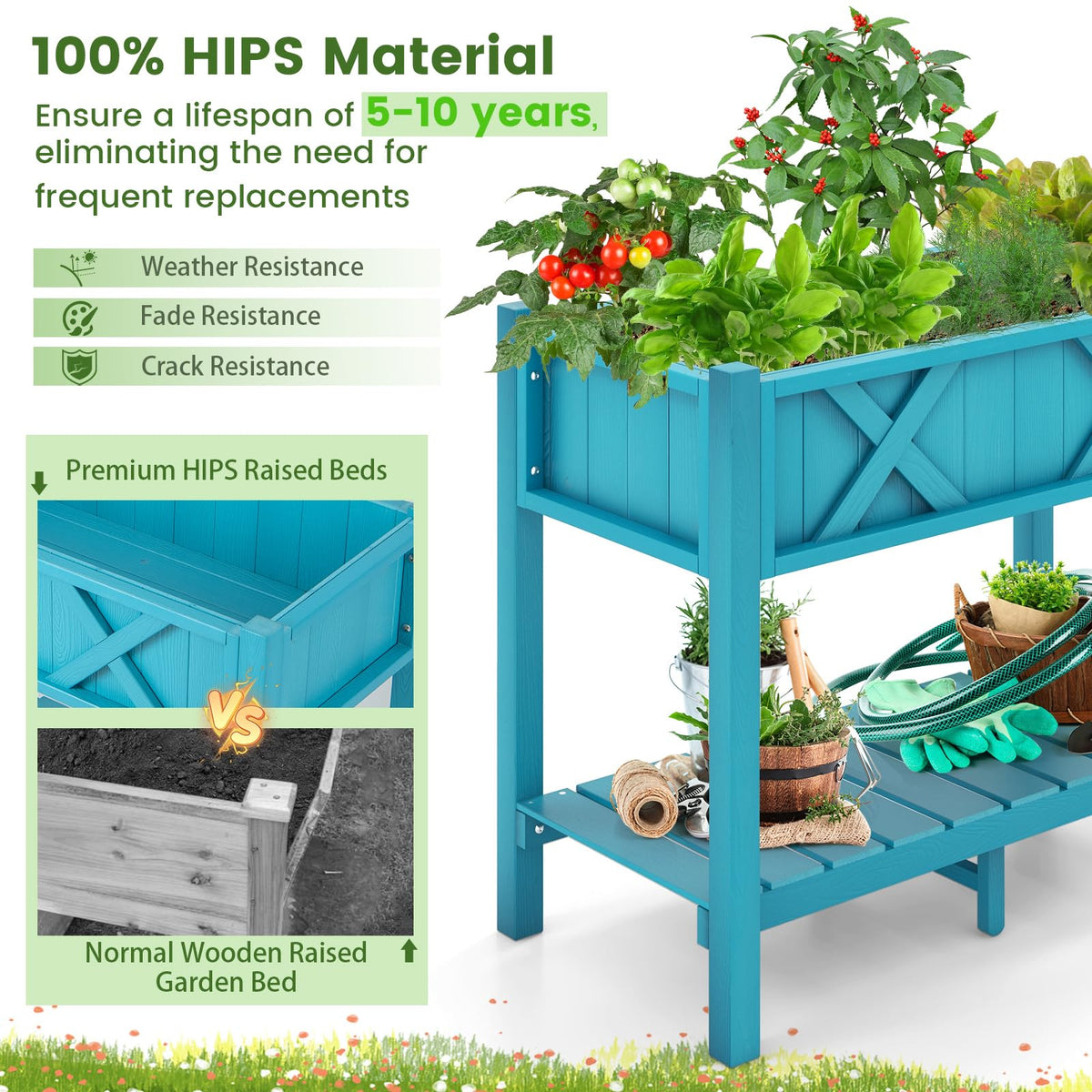 Lucktree HIPS Raised Garden Bed, Elevated Planter Box w/Legs, Storage Shelf, Drain Holes