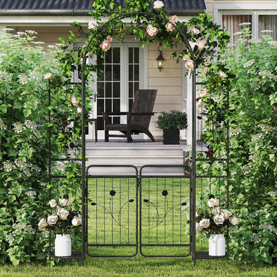 Lucktree 87'' Metal Garden Arbor with Lockable Gate and Planter Shelves
