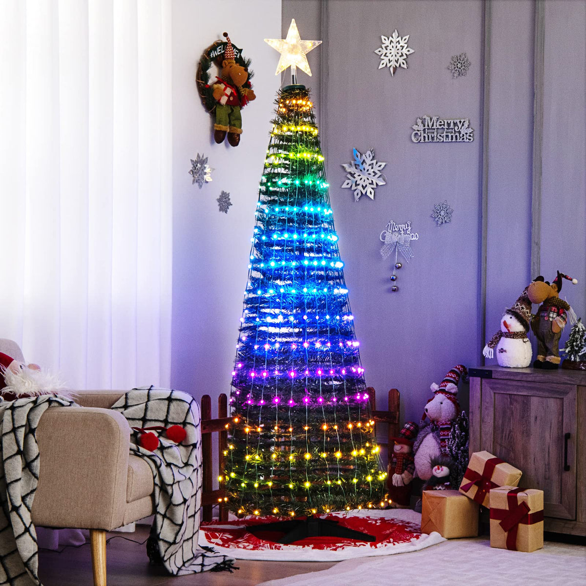 Lucktree 6 FT Pop Up Christmas Tree, Pre-Lit Collapsible Xmas Tree with 282 RGB LED Lights