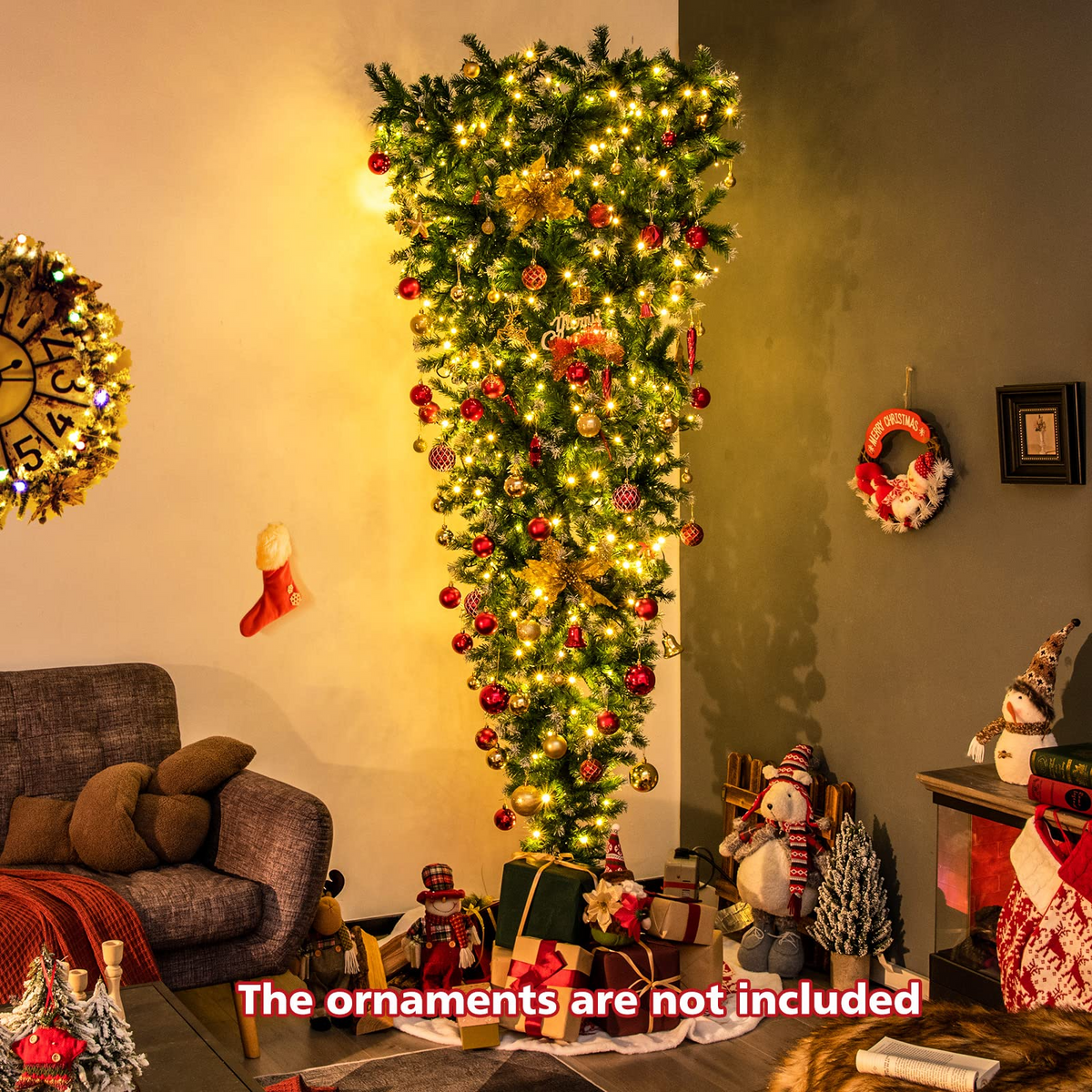 Lucktree 7.5ft Pre-lit Upside Down Christmas Tree, Hinged Inverted Artificial Xmas Tree W/ 1100 Snowy Branch Tips - LucktreeUS
