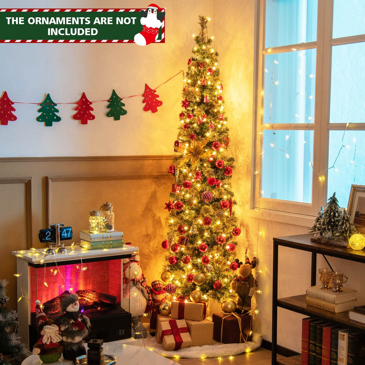 Lucktree 7ft Pre-Lit Half-Shape Christmas Tree, Artificial Xmas Tree W/ 403 Branch Tips - LucktreeUS