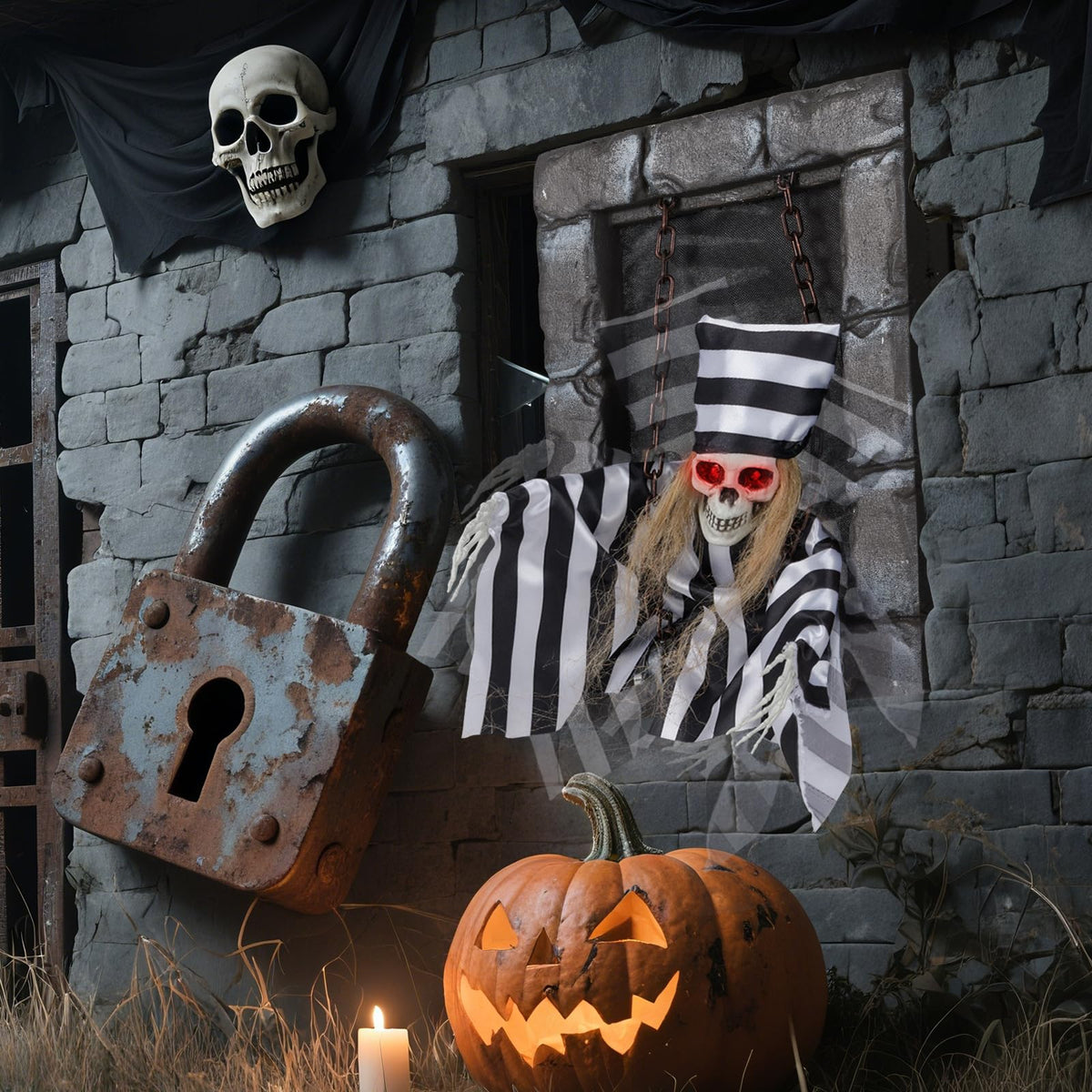 Lucktree Animated Halloween Decoration, 18” Hanging Skull Prisoner