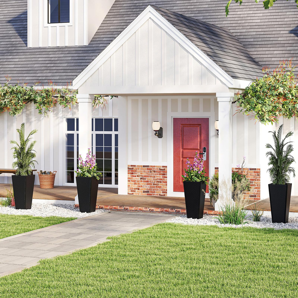 Lucktree Set of 2 Outdoor Wicker Flower Pot 30 Inch Tall Planters with Drainage System