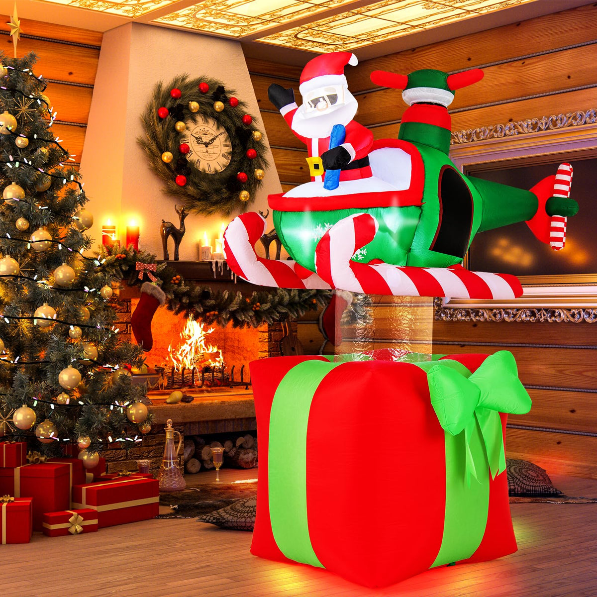 Lucktree 6 FT Christmas Inflatable Santa Claus Flying Helicopter on Gift Box