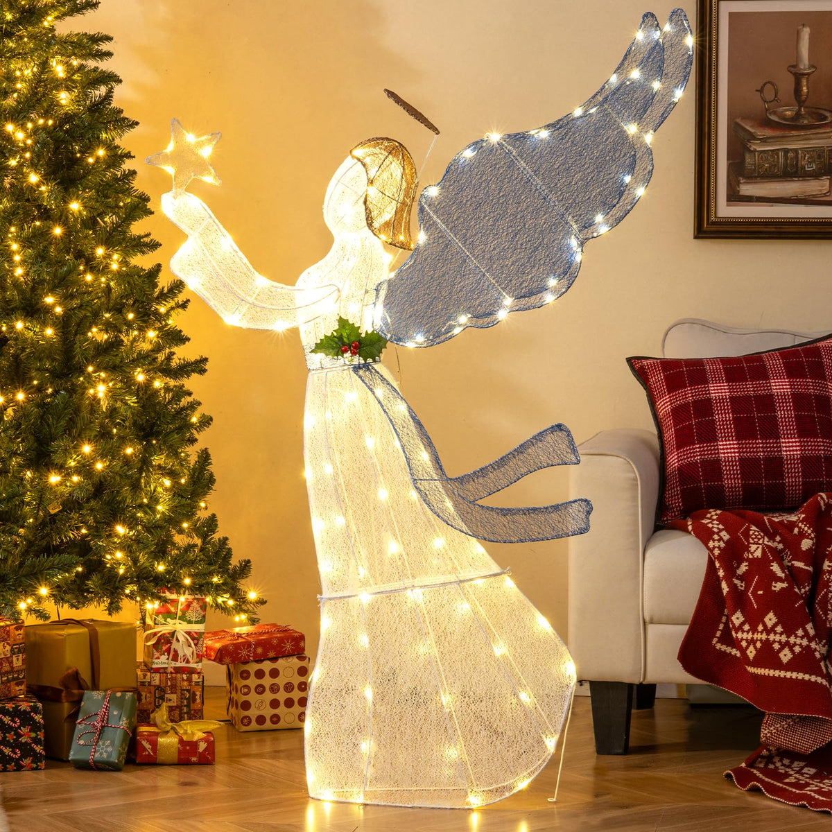 Lucktree 5 Ft Lighted Christmas Angel with Star Halo Spreading Wings