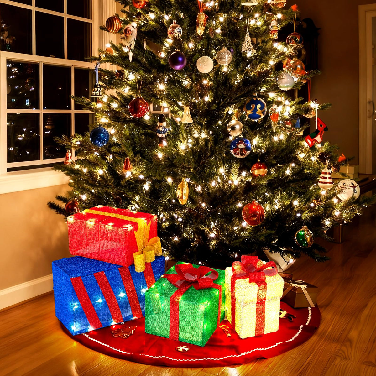 Lucktree Christmas Lighted Gift Boxes Set of 4 | Light Up Present Boxes with Colorful Bows
