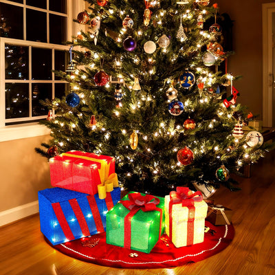 Lucktree Christmas Lighted Gift Boxes Set of 4 | Light Up Present Boxes with Colorful Bows