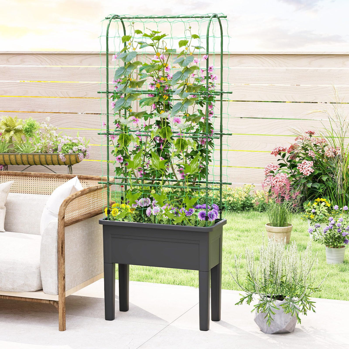 Lucktree Raised Garden Bed with Legs and Trellis for Climbing Plants