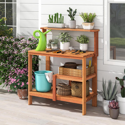 Lucktree 4-Tier Potting Bench, Solid Wood Gardening Workstation w/Open Storage Shelves