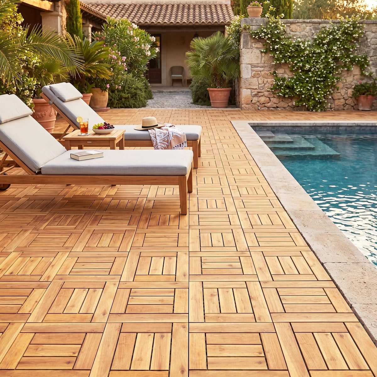 Lucktree 12" x 12" Acacia Wood Interlocking Patio Flooring Tiles with Drainage Base