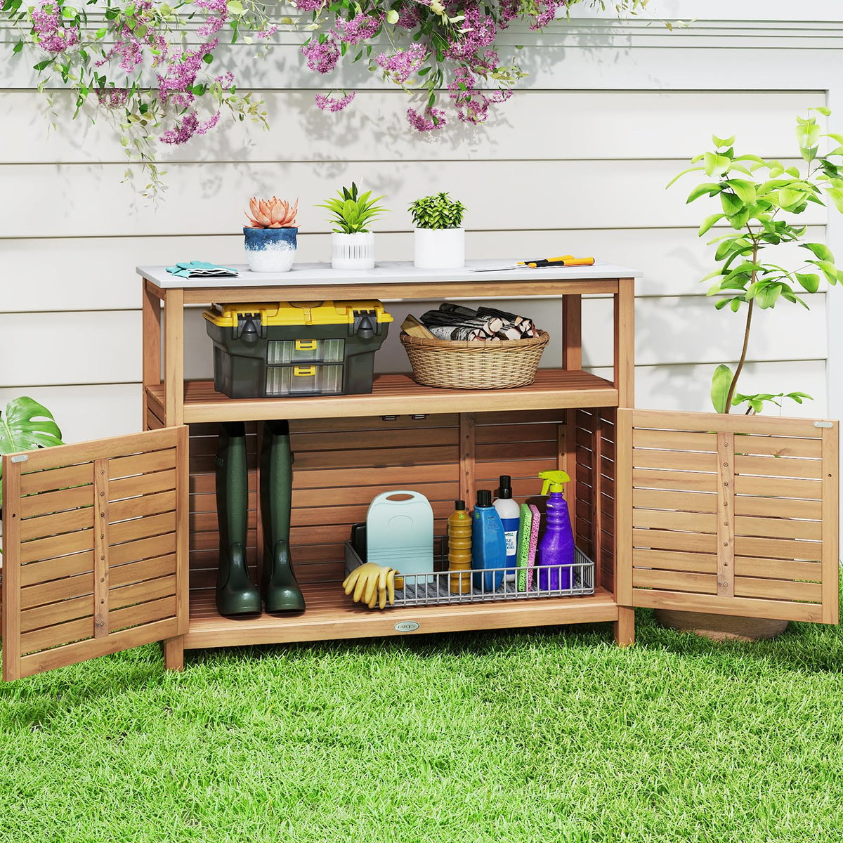 Lucktree Outdoor Potting Bench Acacia Wood Large Planting Workstation with 2-Door Storage Cabinet