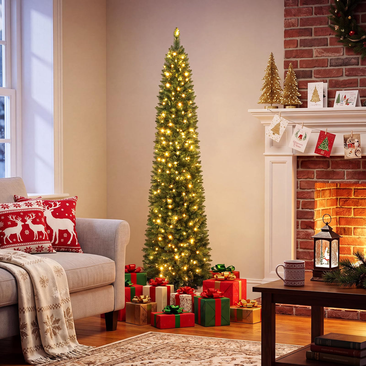 5ft/6ft/7ft/8ft/9ft/ Pre-Lit Pencil Christmas Tree, Slim Artificial Xmas Tree