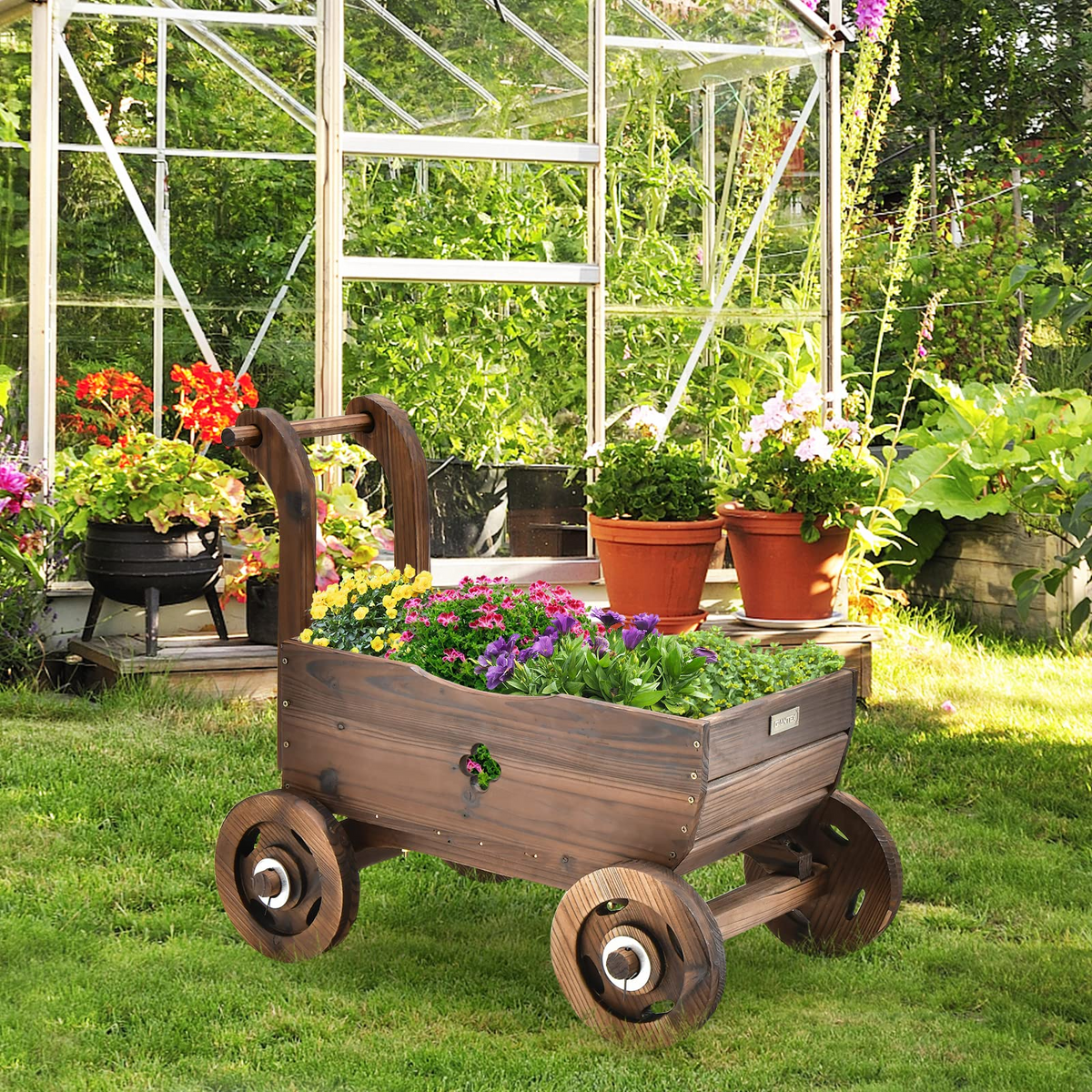 Lucktree Wooden Wagon Planter Raised Bed on Wheels, Handle, Drainage Hole