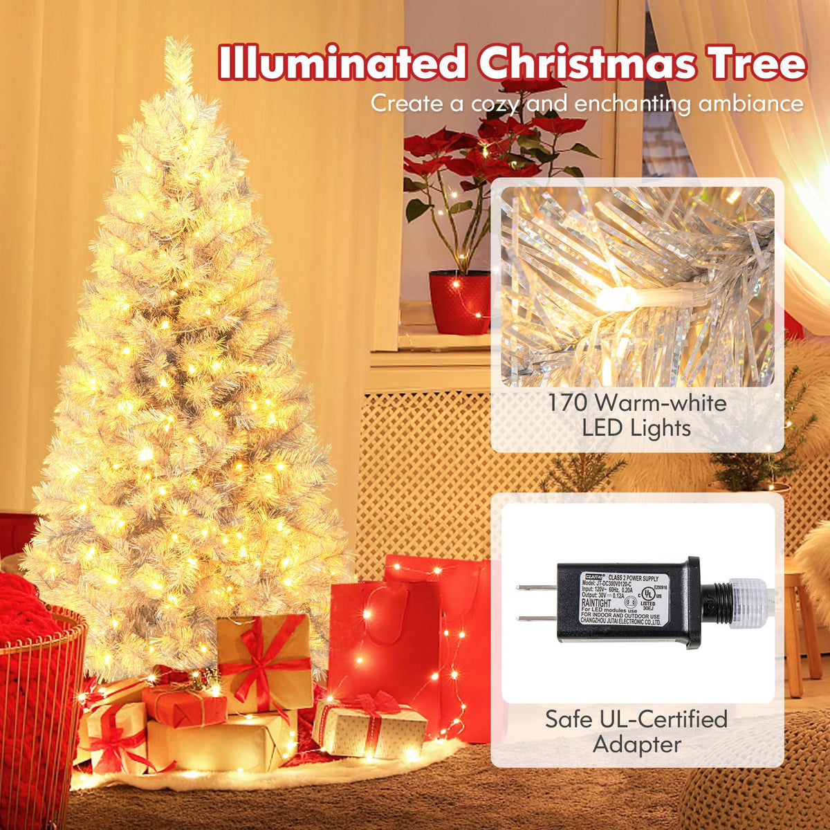 Lucktree 5ft / 6ft / 7 ft Pre-Lit Silver Tinsel Christmas Tree with Warm White LED Lights