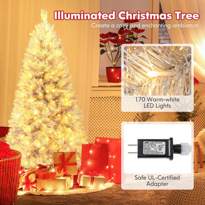 Lucktree 5ft / 6ft / 7 ft Pre-Lit Silver Tinsel Christmas Tree with Warm White LED Lights