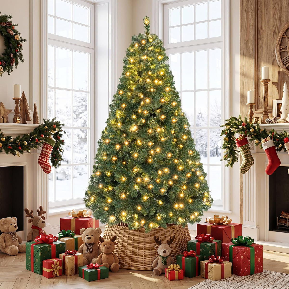 7 FT Pre-lit Christmas Tree Artificial Hinged Xmas Tree