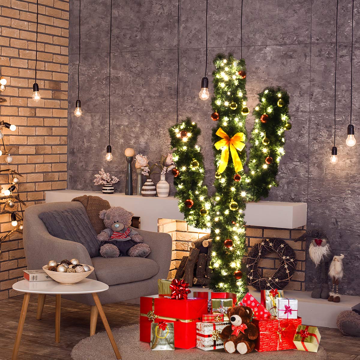 6ft Pre-Lit Artificial Cactus Christmas Tree with Sturdy Metal Stand, Artificial Xmas Tree with 90 LED Lights and Bowknot, Perfect for Home, Office, Shops and Hotels