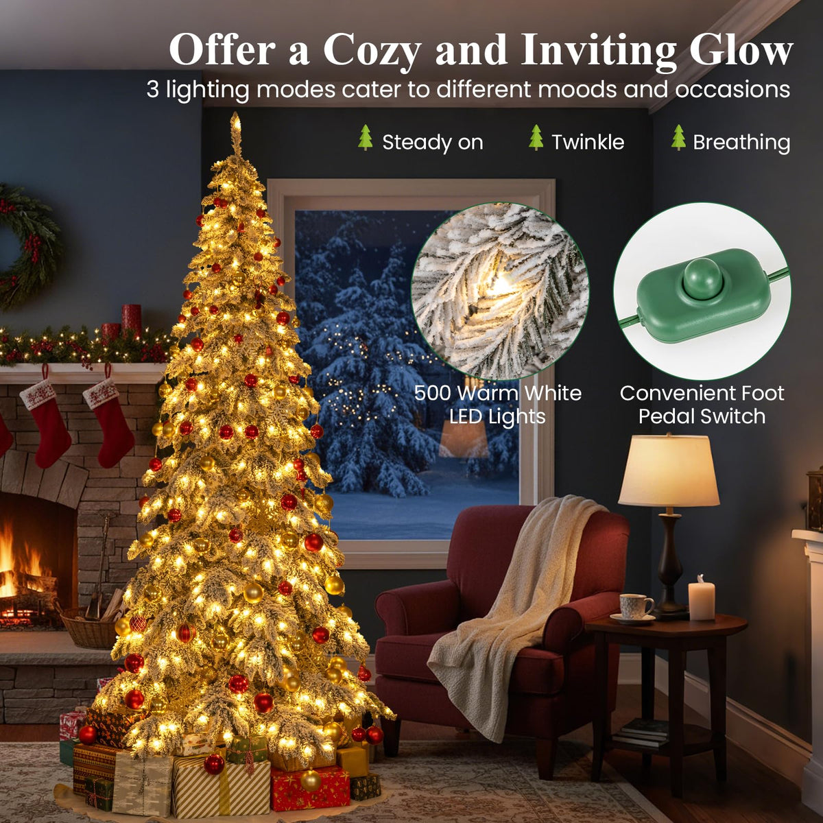 Lucktree 9 FT Pre-Lit Snow Flocked Drooping Christmas Tree with Quick Power Connectors