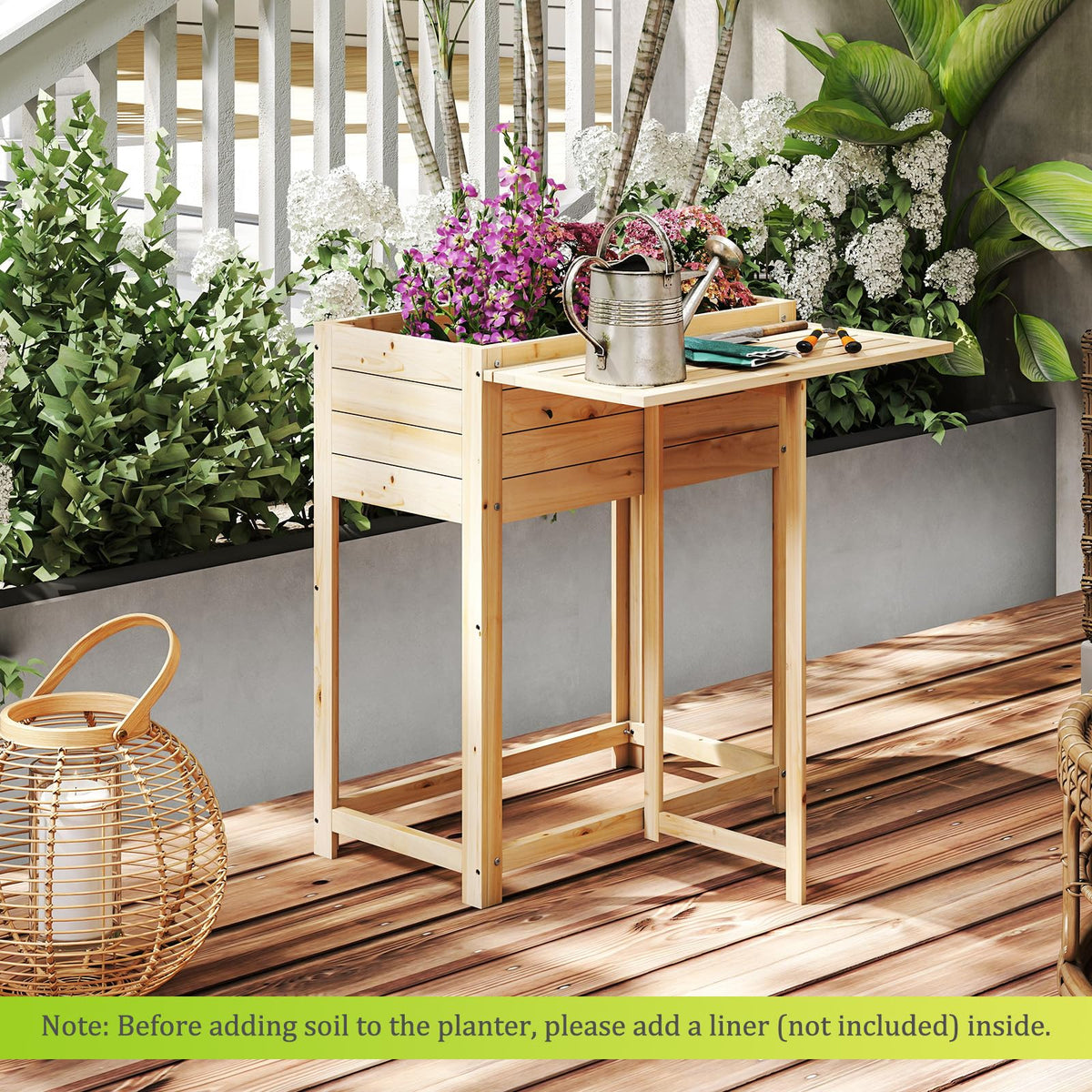 Lucktree Wood Raised Garden Bed w/Folding Drop-Leaf Potting Table