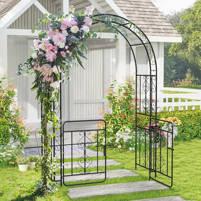 Lucktree Garden Arbor with Gate, 84" H x 54" W Metal Arch Trellis for Climbing Plants Rose Vines
