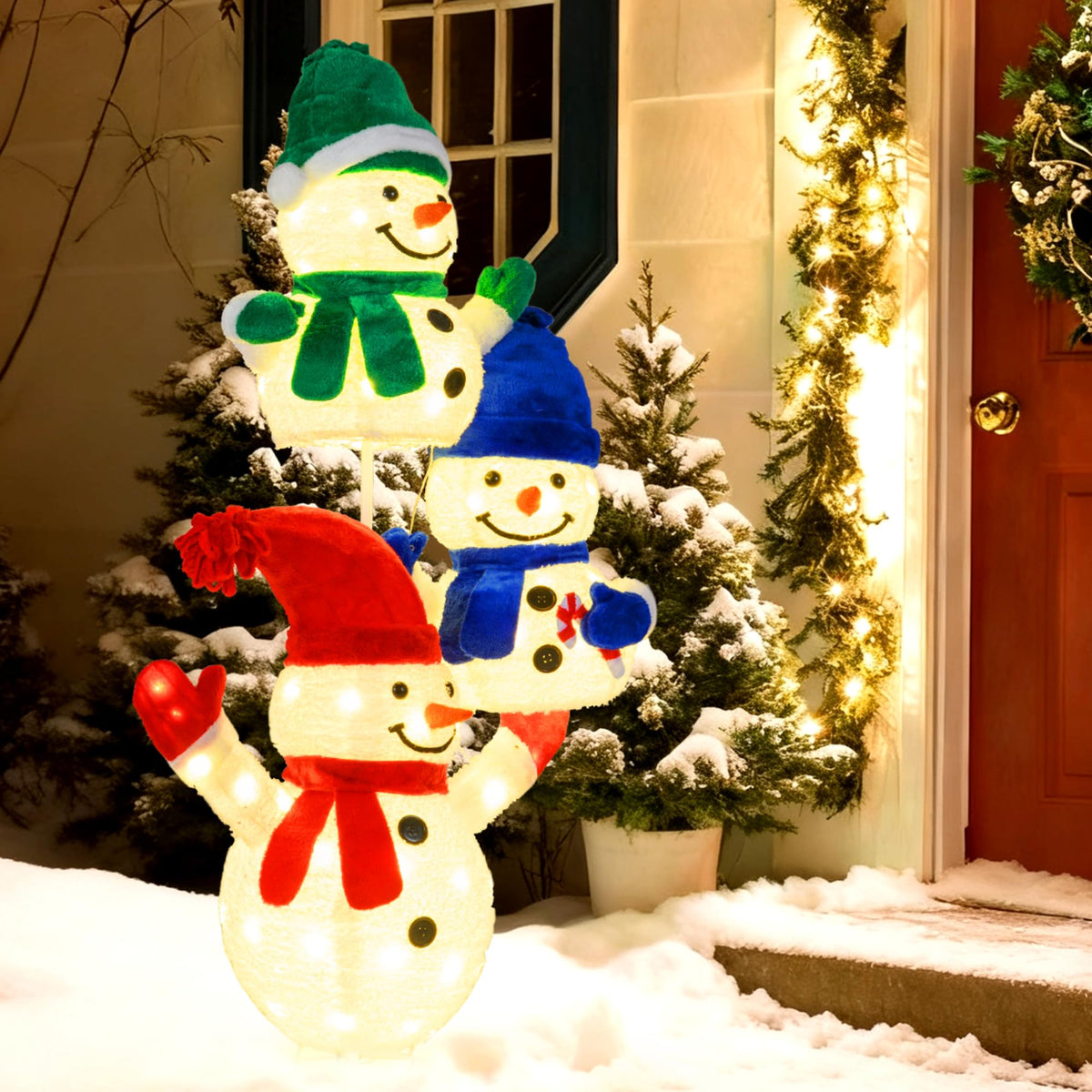 Lucktree 5 FT Christmas Lighted 3 Stacked Snowman Decoration