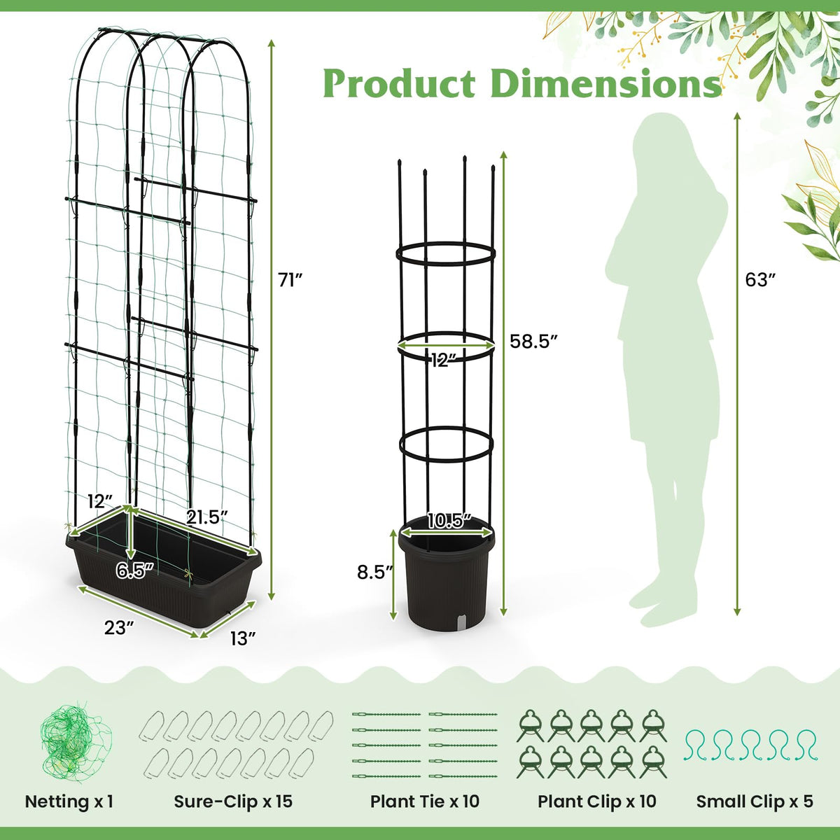 Lucktree Set of 2 Raised Garden Bed w/Trellis & Plant Cage, Planter Box w/ 71” Cucumber Trellis