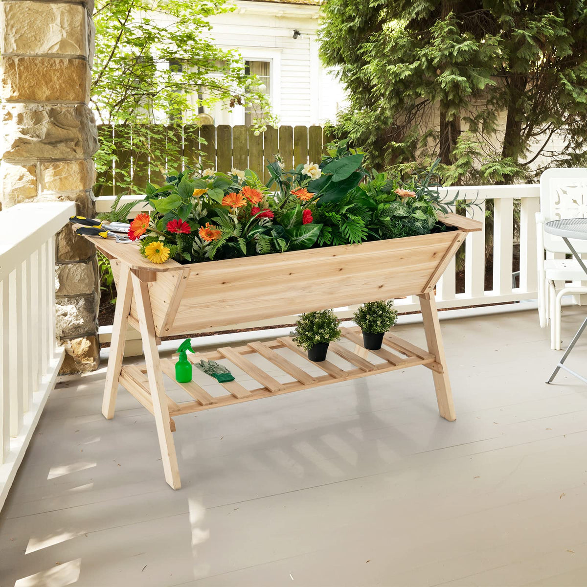Lucktree Plant Raised Bed 2 Tiers Garden Bed, Outdoor Fir Wood Plant Container with Storage Shelf