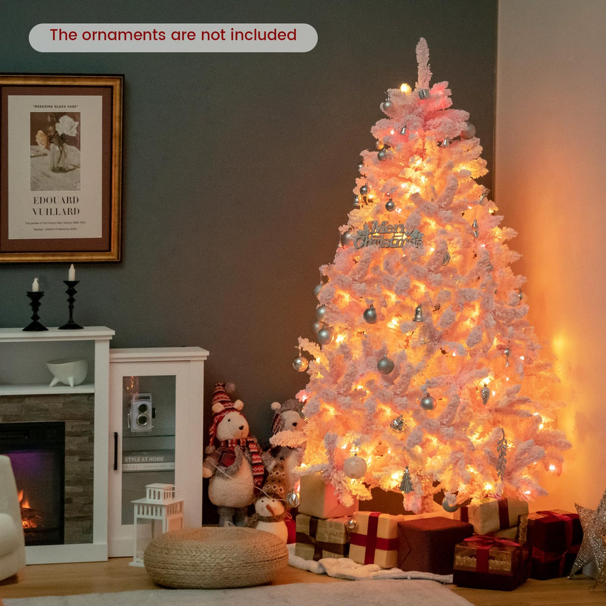Lucktree 6FT Pink Pre-lit Christmas Tree, Hinged Snow Flocked Artificial Xmas Tree, Seasonal Holiday Decoration for Office Home