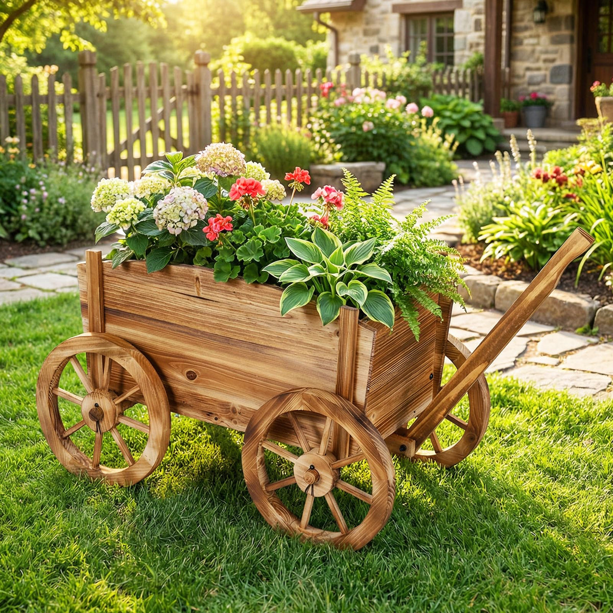 Lucktree Wood Wagon Planter Rustic Rolling Flower Pot Stand