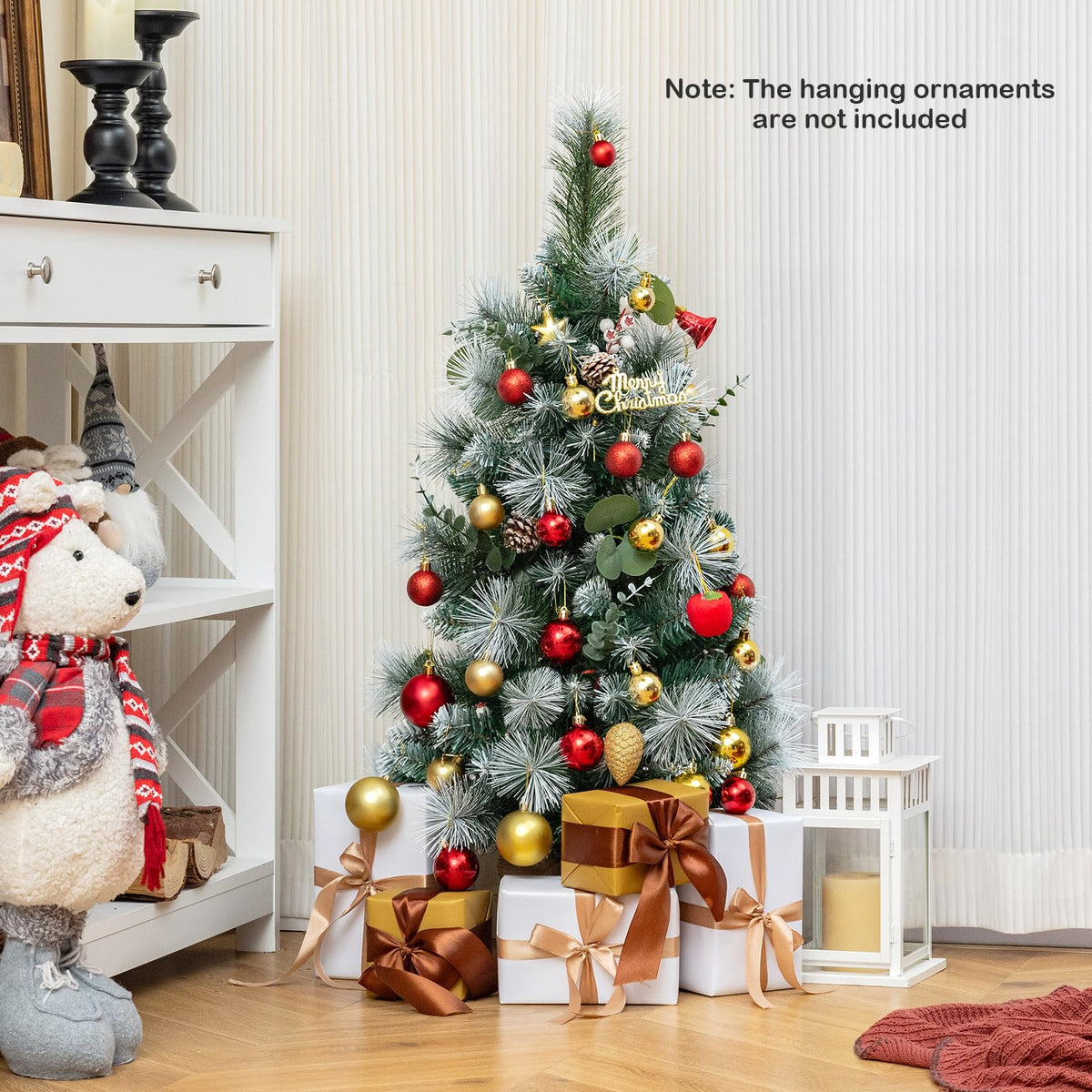 Lucktree 3ft Pre-Lit Mini Tabletop Christmas Tree with 30 Warm White LED Lights, Timer, 98 Flocked PVC & Pine Needles