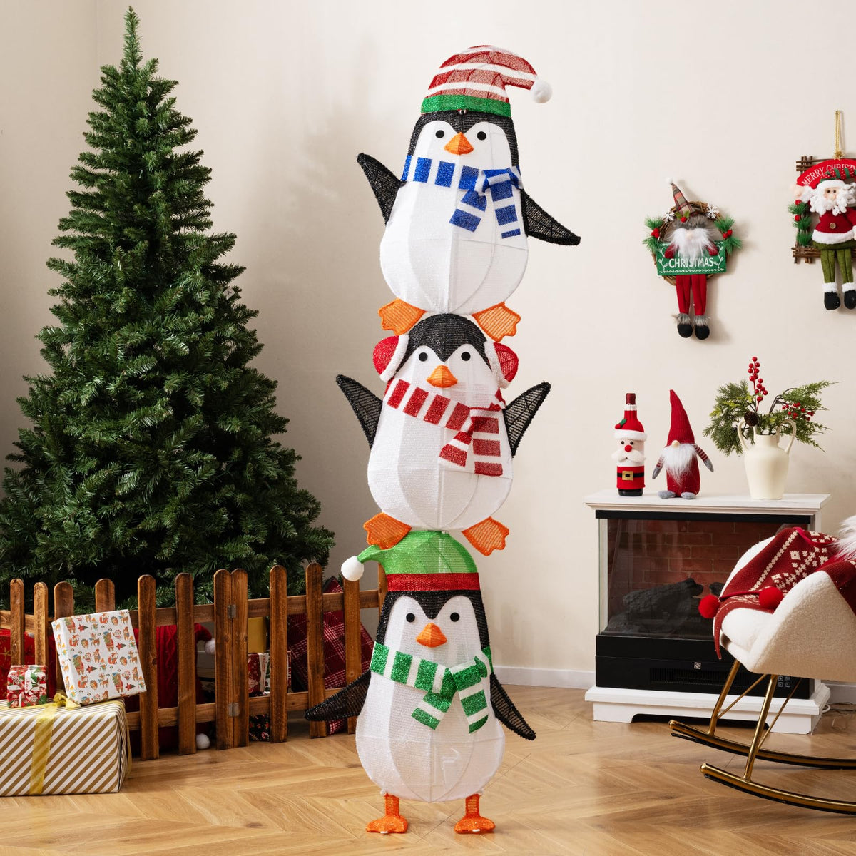 Lighted Penguins Decoration with Warm White Lights and Cute Hats