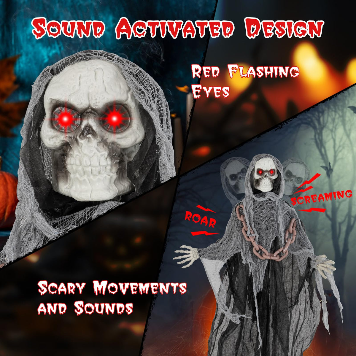 Lucktree 6.4 FT Halloween Animatronic Standing Grim Reaper, Halloween Decoration with Chain