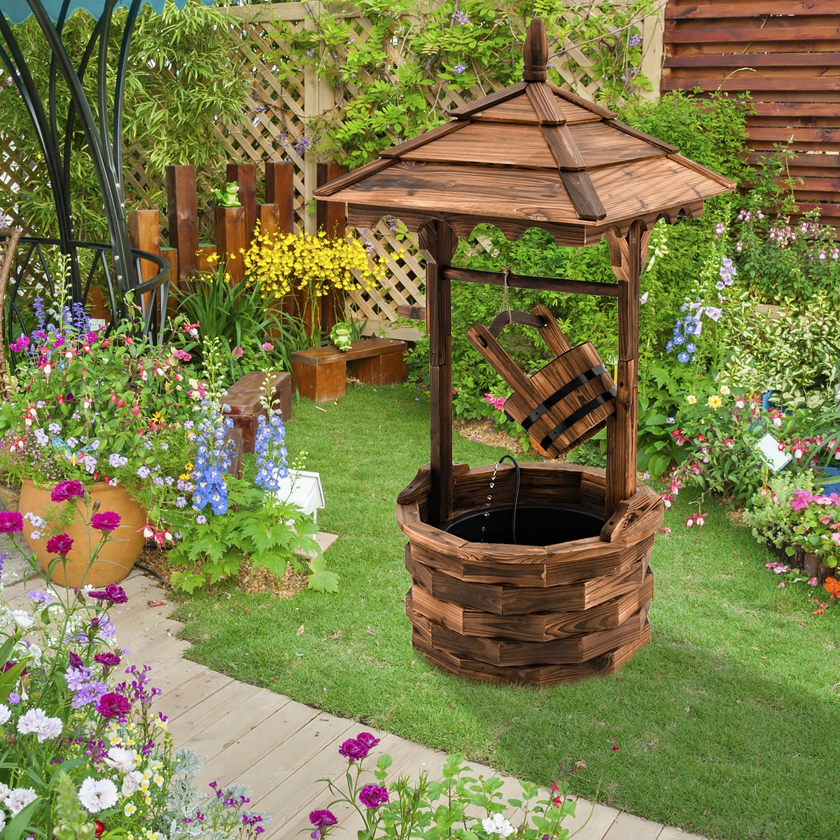 Lucktree Rustic Wishing Well Fountain, Outdoor Wooden Water Fountain with Electric Pump
