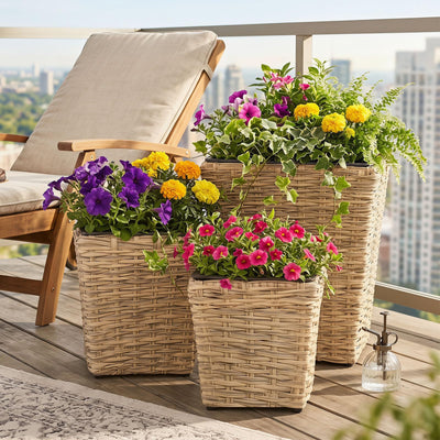 Lucktree 3-Piece Rattan Planter Box Kit with Removable Plastic Liners
