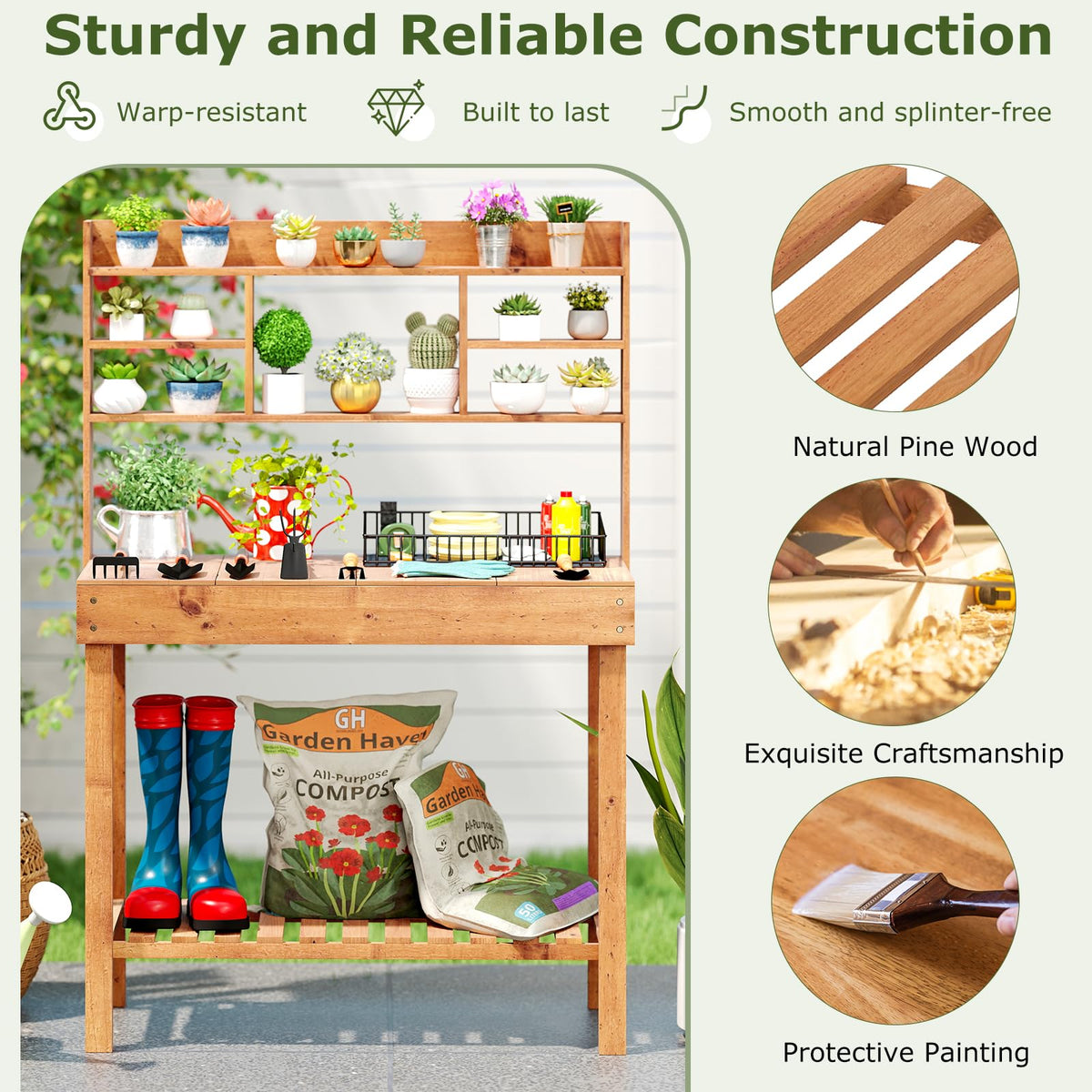 Lucktree Outside Solid Wood Potting Table with Flip-up Tabletop