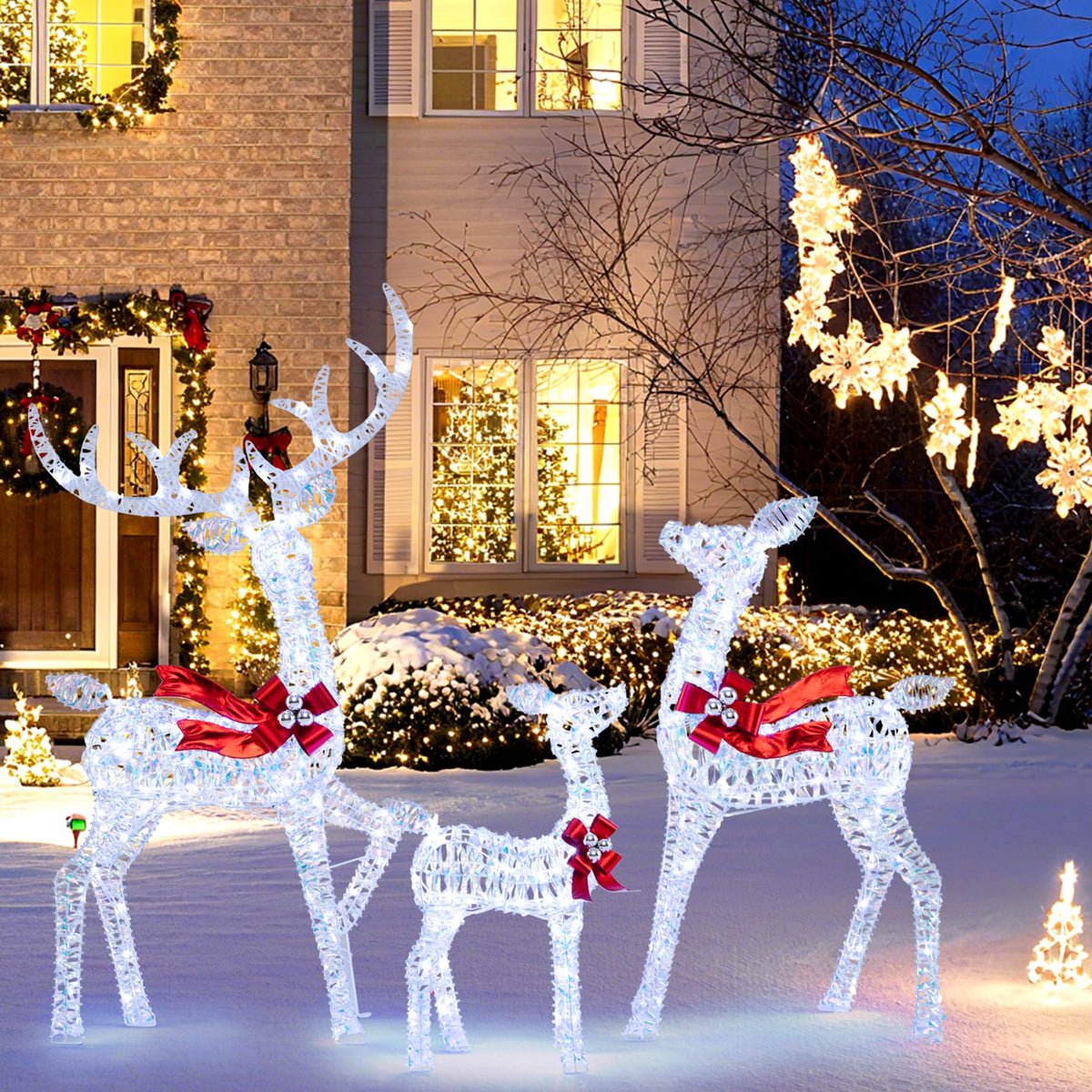 Lucktree 3-Piece Christmas Lighted Iridescent Reindeer Family Set with 215 Cold White LED Lights and Ground Stakes